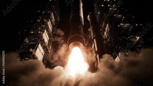 Spectacular Rocket Launch at Night, Powerful Engine Ignites a Fiery Ascent Amidst a Cloud of Smoke , Dynamic liftoff of a spacecraft, fueled by immense power and surrounded by billowing smoke