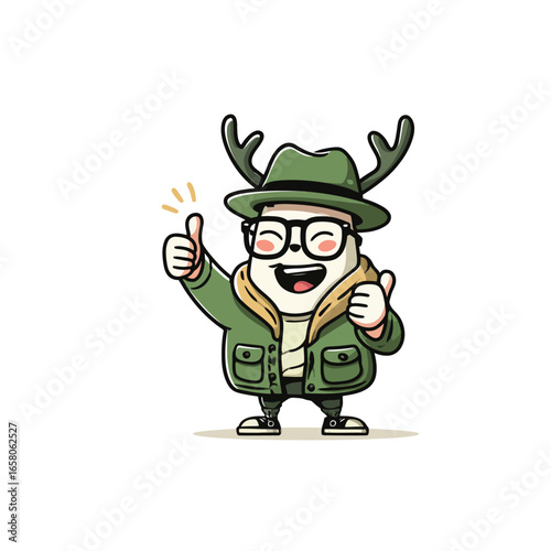Cartoon character with antlers wearing hat glasses and jacket giving thumbs up gesture on white background