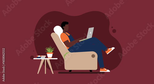 Relaxed person working remotely on laptop in a comfortable home setting, ideal for concepts like telecommuting, online learning, or leisure.
