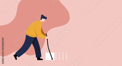 Visually impaired person navigating with a white cane, symbolizing independence, accessibility, and inclusion. Ideal for healthcare, lifestyle, and social awareness concepts.