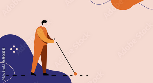Minimalist illustration of a man aiming a stick at a target, symbolizing strategic planning, precise execution, and goal achievement for business and success concepts.