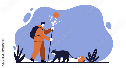 A lone adventurer with backpack and walking stick accompanied by a loyal black panther, exploring a stylized natural landscape.
