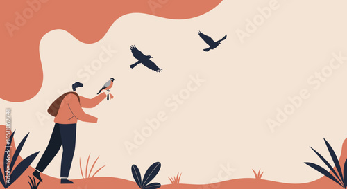 A person enjoys a moment of connection with a bird in a tranquil outdoor setting, with birds flying freely in nature.
