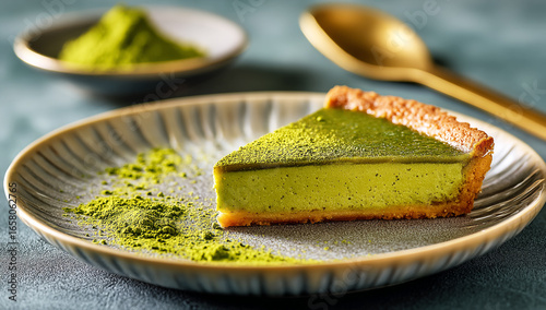 A slice of matcha green tea tart on an elegant plate, showcasing its vibrant color and natural greens.