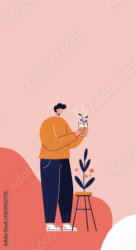 Stylized illustration of a person holding a glass with a plant, symbolizing wellness, growth, and a connection to nature. Ideal for health, lifestyle, and eco-friendly concepts.