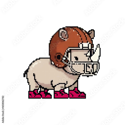 A pixelated rhinoceros is ready for the gridiron, sporting a vintage football helmet and vibrant pink cleats.