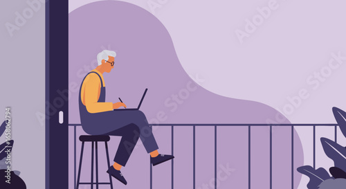 An older man works on his laptop with a stylus on a balcony, embracing remote work or creative pursuits at home. Ideal for lifestyle, technology, or business concepts.