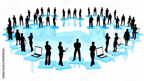 Silhouette figures standing on blue platforms forming a circle with laptops and tablets present around them