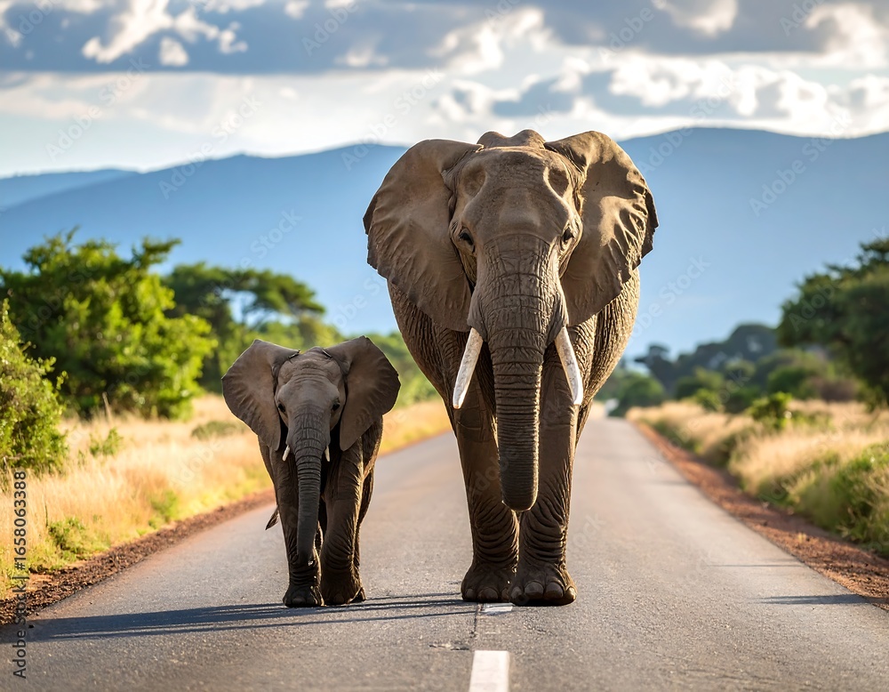 Fototapeta premium Two elephants walking down a road in a savanna