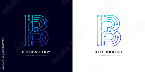 B letter network logo design for robot tech innovation. Futuristic typographic alphabet logo, AI bot technology corporate brand circuit vector. Techno gradient electric cyber text line.