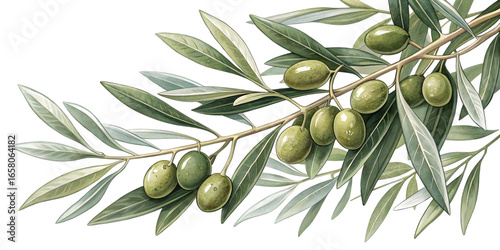 Watercolor illustration of an olive branch with green olives isolated on transparent background.