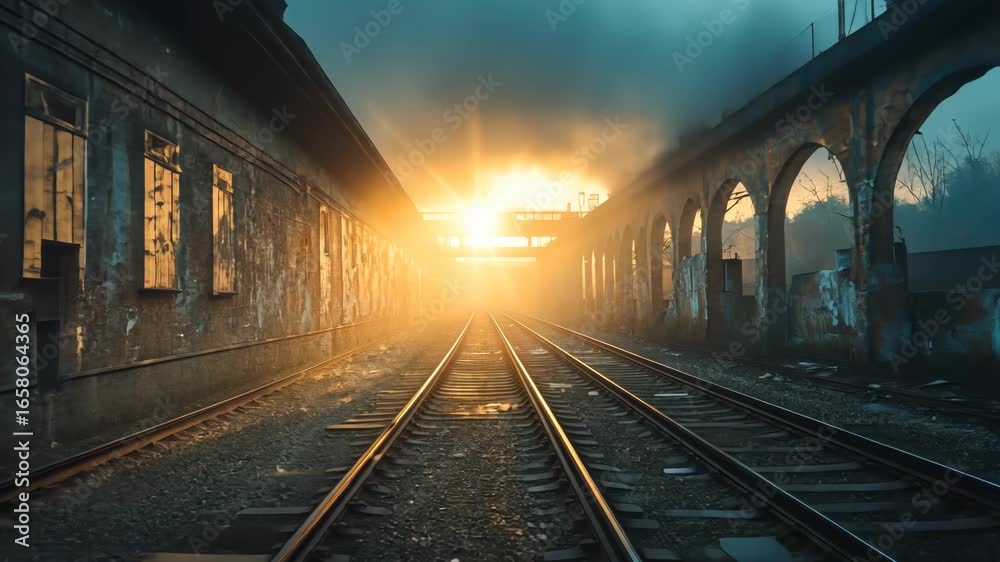 Sunrise over abandoned railway station with fog, highlighting rusty tracks and graffiti walls Sunrise over abandoned railway station with fog, highlighting rusty tracks and graffiti walls