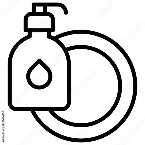 Soap Bottle Outline Icon Design Vector - Soap dispenser with a dish representing hygiene, washing, and disinfection
