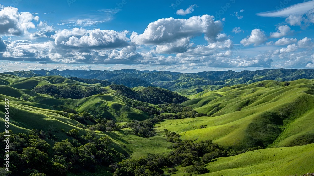 Obraz premium Stunning verdant rolling hills under a bright blue sky with dramatic clouds, showcasing nature's beauty.