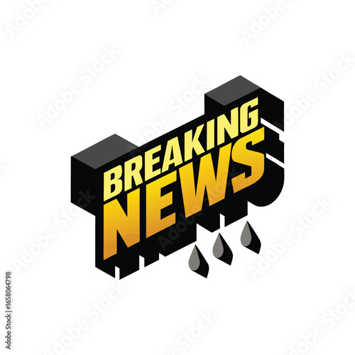 Isometric Breaking News Text with Raindrops on White Background