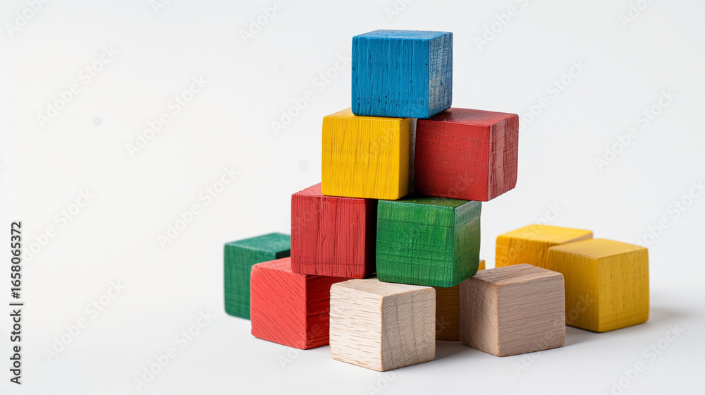 Obraz premium Colorful Wooden Blocks Stacked High on White Background. A visually appealing arrangement of colorful wooden blocks, stacked in a balanced tower against a clean white background. The composition featu