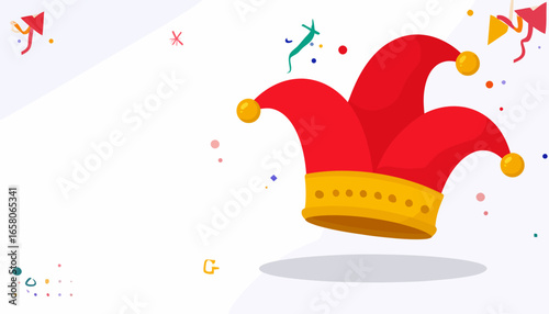 Jester hat with colorful confetti for April Fool's Day celebration. Funny prank and comedy concept on a white banner with copy space.