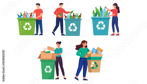 People sorting different types of waste into recycling bins for a cleaner environment