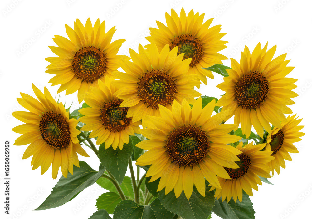 Fototapeta premium A vibrant bouquet of sunflowers with bright yellow petals and green leaves, isolated on a clean transparent background, symbolizing summer and natural beauty