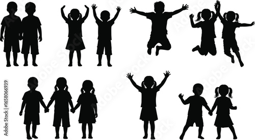 Collection of 8 children silhouette group icons with playful standing, jumping, and hand‑holding poses for design