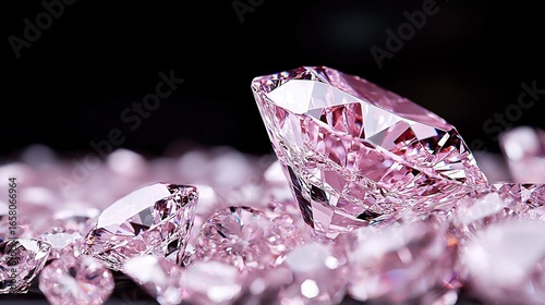   A close-up of a pink diamond set amidst pink and white diamonds against a black backdrop
