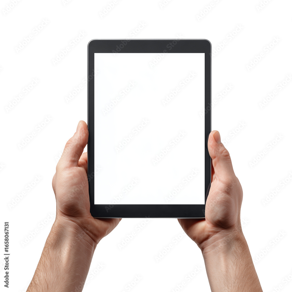 Hands holding a modern digital tablet with a blank white screen isolated on transparent background Hands holding a modern digital tablet with a blank white screen isolated on transparent background