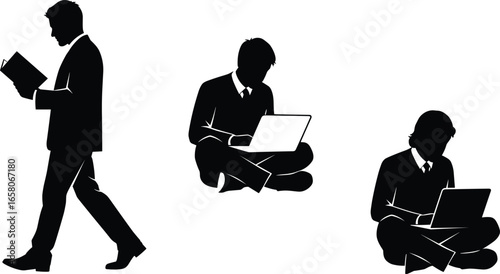 Set of 3 human silhouette icons with walking reader and seated laptop poses for study and work