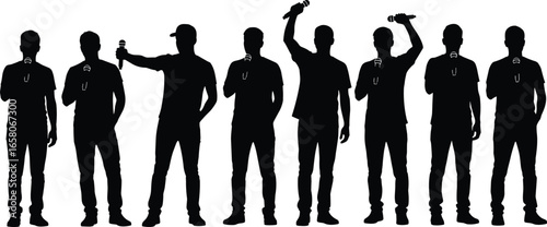 Set of 7 singer silhouette icons with microphone performance poses for music, concert, and entertainment designs