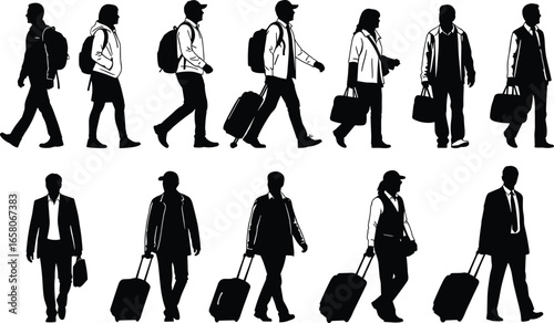 Set of 10 traveler silhouette icons with walking poses carrying backpacks, bags, and rolling luggage