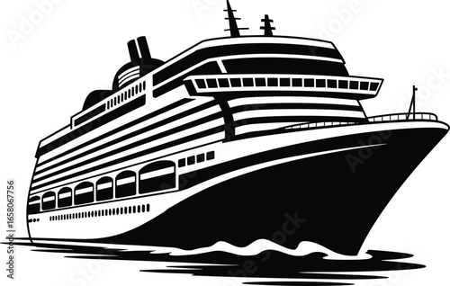 Black and white silhouette of cruise ship, vector illustration of ocean liner, maritime travel design perfect for logos and nautical themes