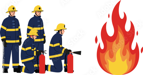 Brave firefighters in uniform using fire extinguishers to combat large flames, emergency fire response team, firefighting safety training concept