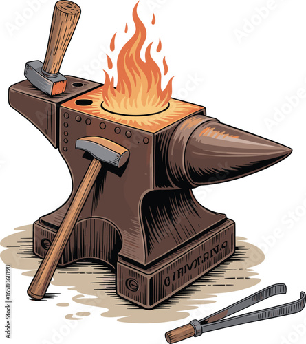 Detailed medieval blacksmith anvil illustration with hammer, tongs, and fiery forge, traditional metalworking tools, blacksmith workshop equipment.