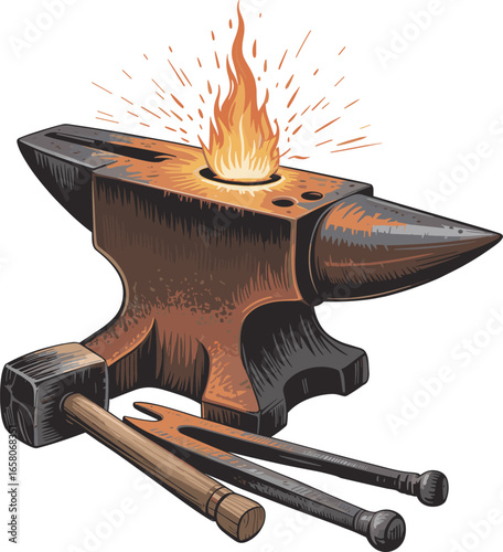 Detailed medieval blacksmith anvil illustration with hammer, tongs, and fiery forge, traditional metalworking tools, blacksmith workshop equipment.