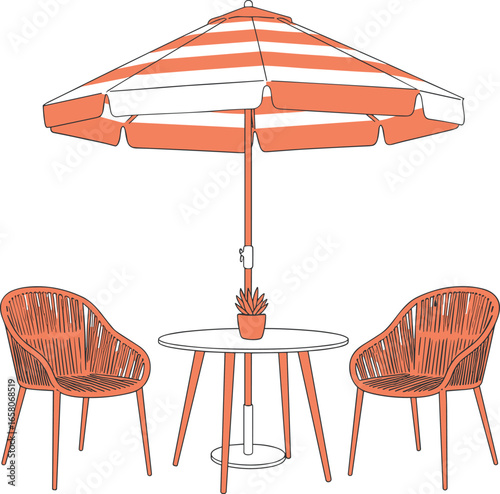 Modern outdoor patio scene with umbrella, two wicker chairs and round table, vector illustration of relaxing garden or cafe setting