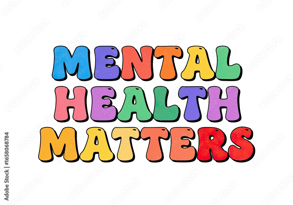 Fototapeta premium A vibrant and colorful illustration prominently displays the positive message 'Mental Health Matters' in a playful bubble font, promoting wellbeing.