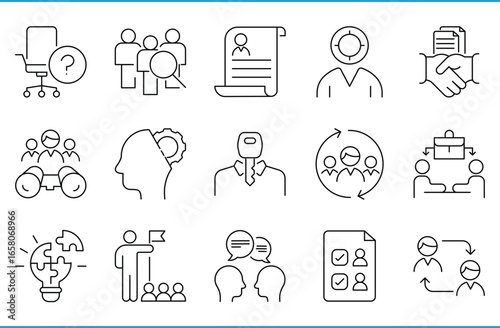 Hiring Process related line icons set. Hire, expert, interview, job, key, search, and so on. Vector editable stroke.
