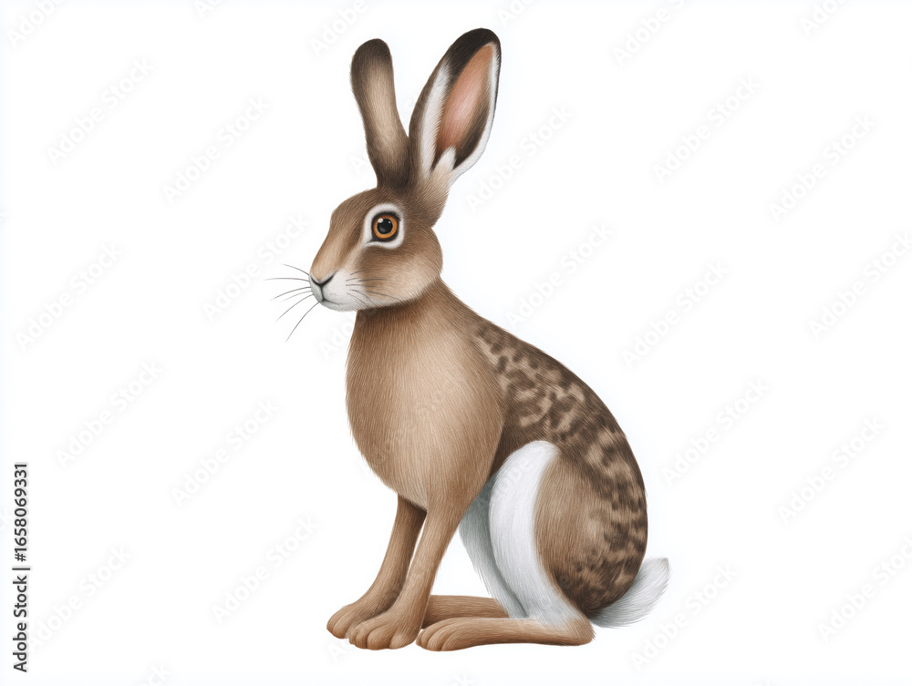 Fototapeta premium Detailed illustration of a brown rabbit sitting gracefully, showcasing its large ears, soft fur texture, and distinctive markings, perfect for nature-themed designs and educational materials