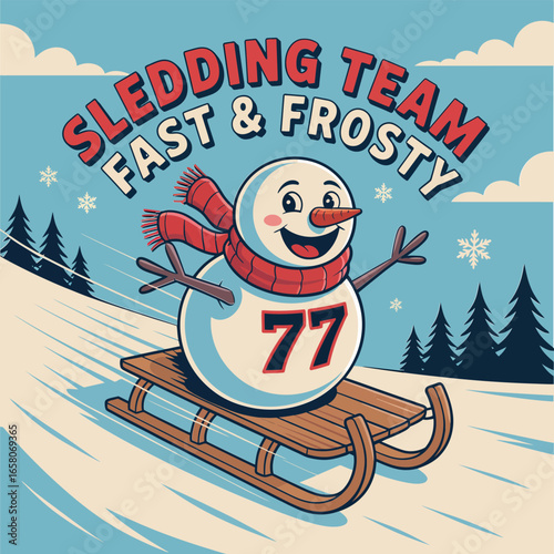 Sledding team fast and frosty snowman number 77 sled downhill, retro winter sports badge, Christmas poster vector illustration