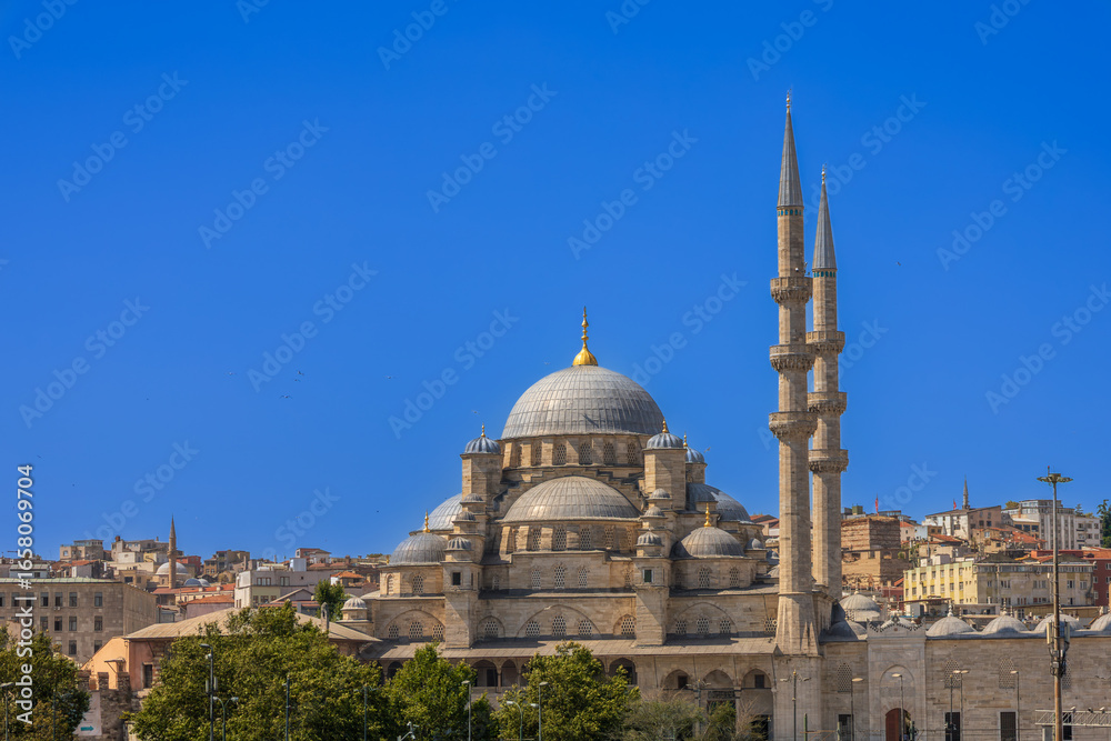 Fototapeta premium New Mosque with Domes and Minarets in Istanbul under Clear Blue Sky