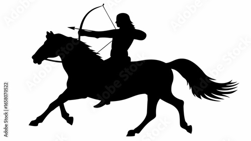 Silhouette of a horse archer with bow and arrow riding a galloping horse in black and white illustration