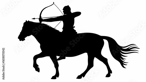 Silhouette of horse archer riding a horse with bow and arrow in a dynamic pose against white background