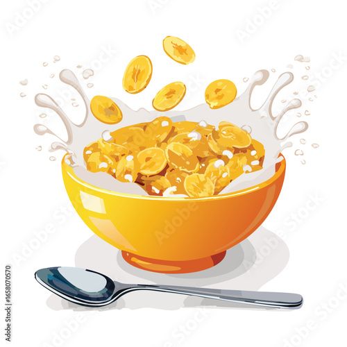 Crunchy Cereal Bowl with Milk Splash and Spoon - AI Generated