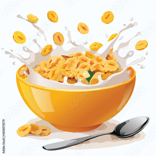 Bowl of Cereal with Milk Splash and Spoon - AI Generated