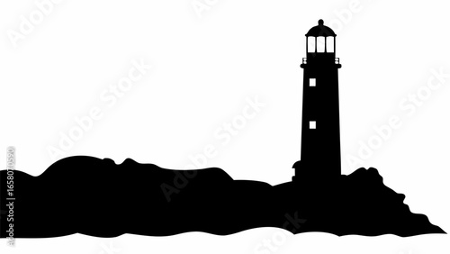 Silhouette of a lighthouse standing on a rocky coast against a white background with water waves below