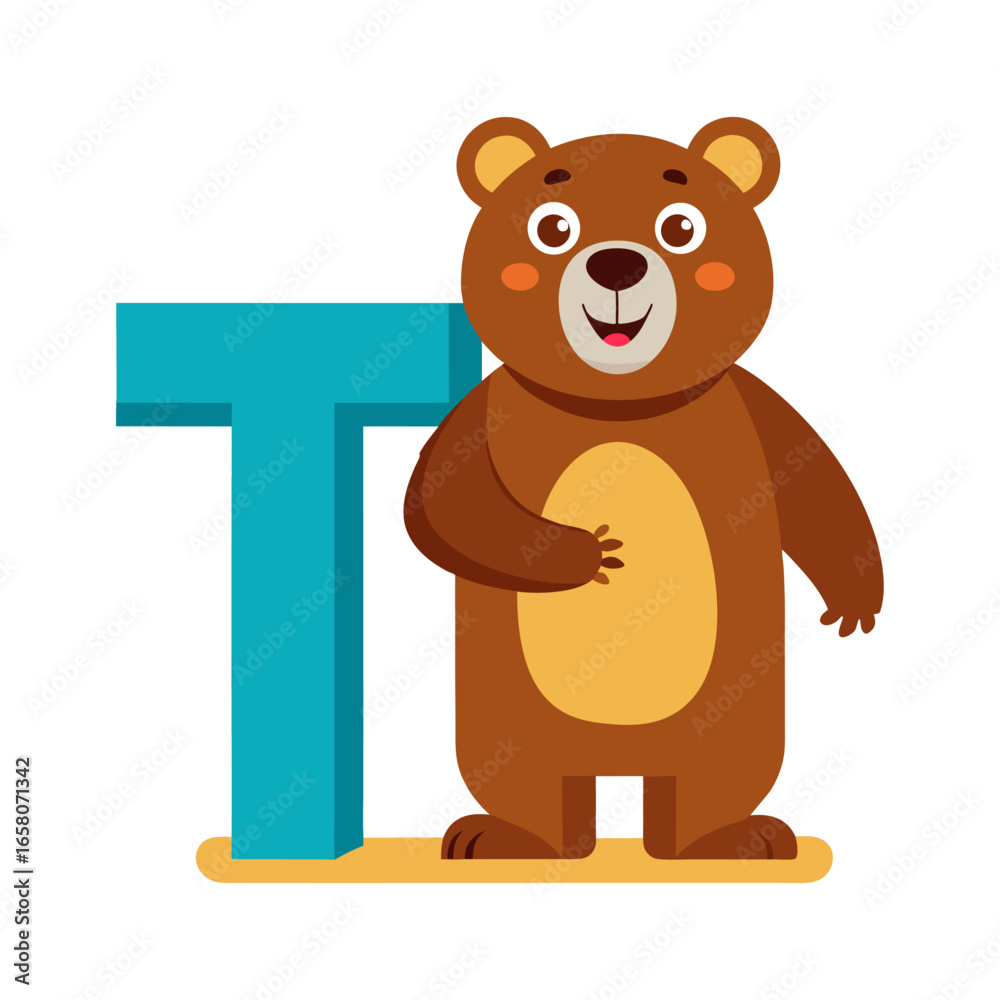 Obraz premium Playful Bear Character with Big Alphabet T Illustration, Cute Children's Book Art, Learning Letters, Fun Animal Design, Educational Vector