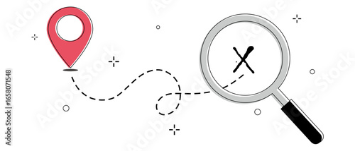 Location Search Journey with Pin and Magnifying Glass,Path to Success Concept with Location Pin, Route, and Magnifier
