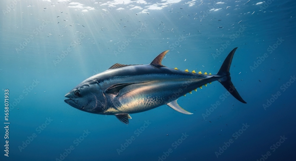 Obraz premium Tuna fish swimming underwater, sunbeams