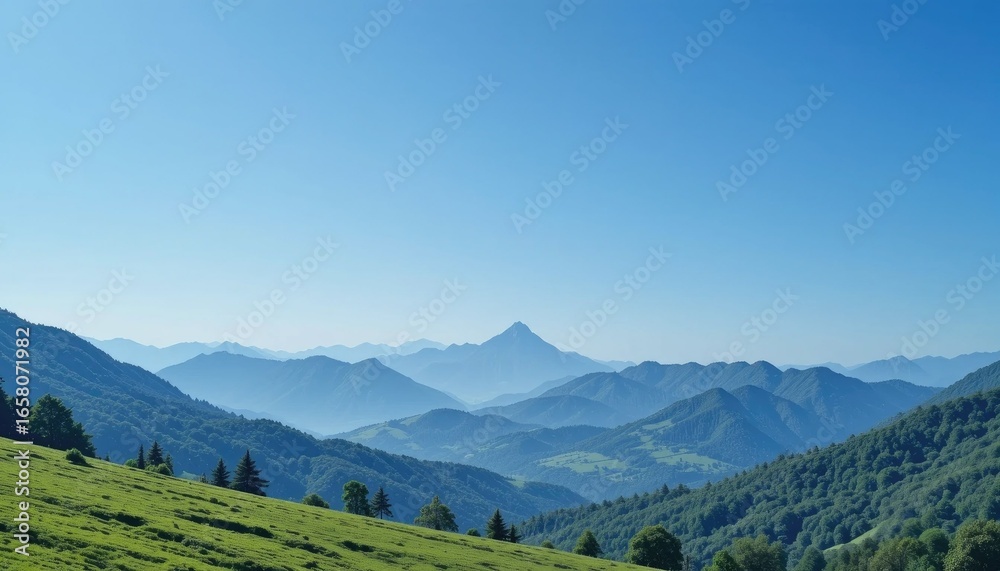 Naklejka premium “Tranquil mountain background with clear blue sky, fresh greenery at the base, and neat natural tones, simple and calm.” 