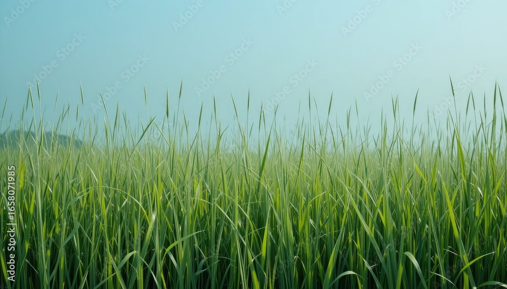 Fototapeta premium “A simple natural background of soft green grass under clear blue sky, minimal and clean composition, calm and refreshing.” 