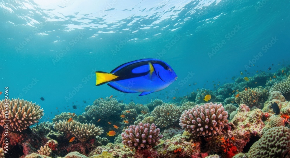 Fototapeta premium Vibrant blue fish in coral reef